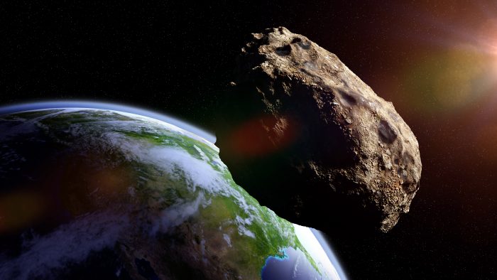 An asteroid floating through space
