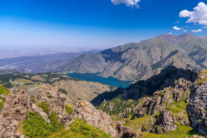 Heaven Lake of Tian Shan (Tianchi). A famous World Heritage site in Fukang, Changji, Xinjiang, China.