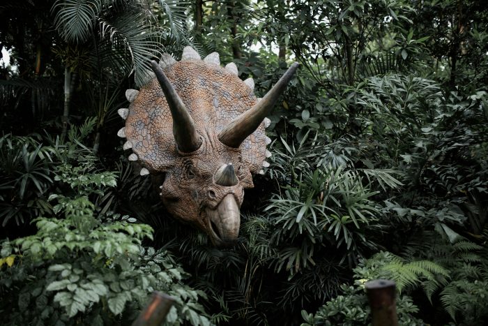 Close-up of a Dinosaur Head in a Forest