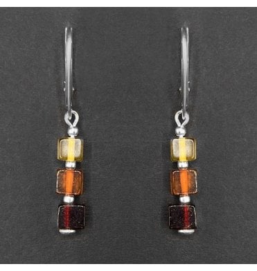 Silver Baltic Amber Cube Drop Earrings (SKU Amber-188)