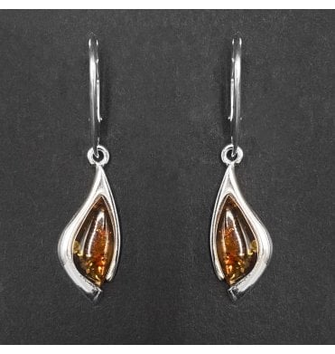 Silver Baltic Amber Curved Drop Earrings (SKU Amber-173)