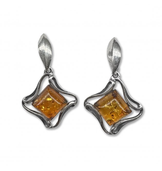 Sterling Silver Baltic Amber Curved Square Drop Earrings (SKU Amber-225)