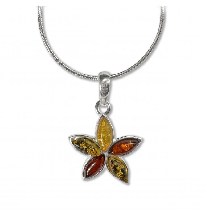Sterling Silver Baltic Amber Flower Pendant Necklace (SKU Amber-230)