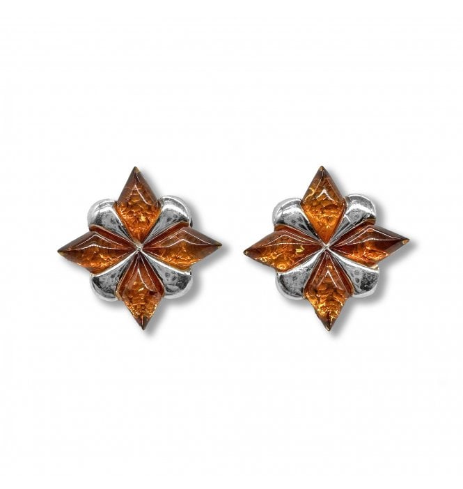 Sterling Silver Baltic Amber Flower Stud Earrings (SKU Amber-216)