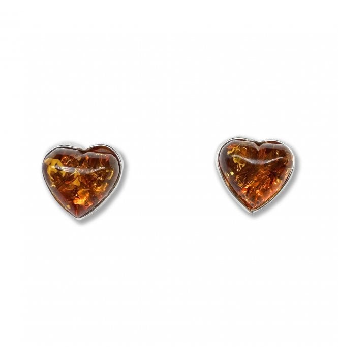 Sterling Silver Baltic Amber Heart Stud Earrings (SKU Amber-219)