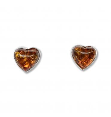 Sterling Silver Baltic Amber Heart Stud Earrings (SKU Amber-219)