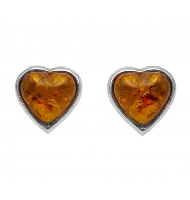 Sterling Silver Baltic Amber Large Heart Shaped Stud Earrings (SKU Amber-130)