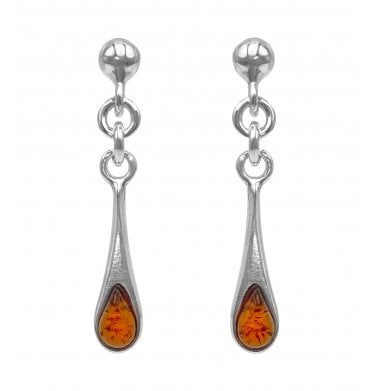 Sterling Silver Baltic Amber Long Pear Drop Earrings (SKU Amber-131)