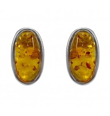 Sterling Silver Baltic Amber Oval Stud Earrings (SKU Amber-123)