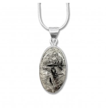Sterling Silver Black Tourmaline in Quartz Pendant Necklace (SKU GEMS-075)
