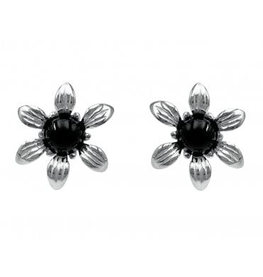 Sterling Silver Whitby Jet Flower Stud Earrings (SKU JET-041)