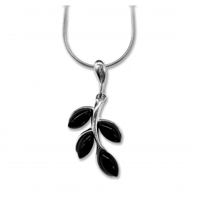 Sterling Silver Whitby Jet Leaf Pendant Necklace (SKU JET-090)