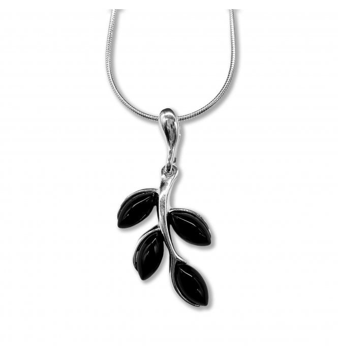 Sterling Silver Whitby Jet Leaf Pendant Necklace (SKU JET-091)