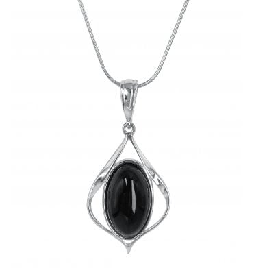 Sterling Silver Whitby Jet Oval Pointed Frame Pendant (SKU JET-043)