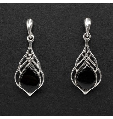 Sterling Silver Whitby Jet Pear Drop Twist Frame Earrings (SKU JET-059)