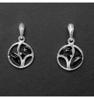 Sterling Silver Whitby Jet Two Stone Round Drop Earrings (SKU JET-055)